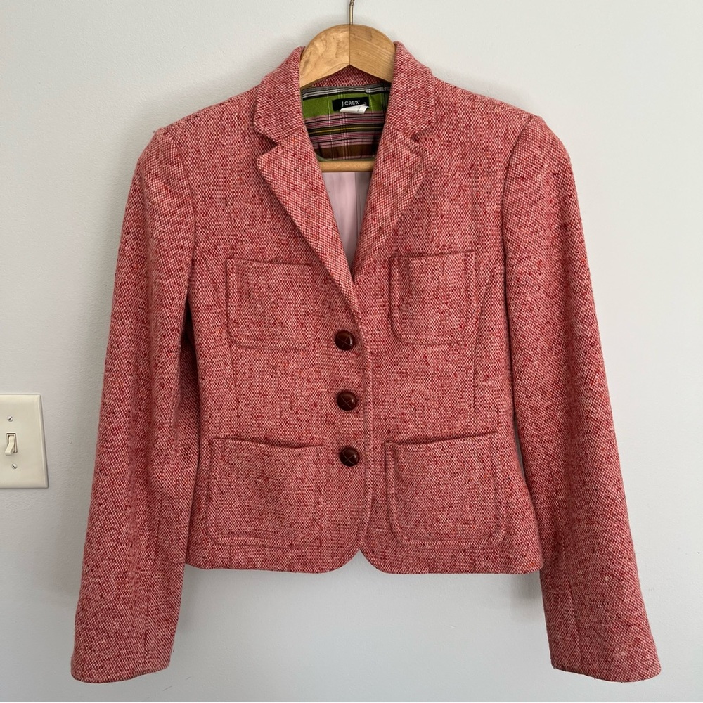 J. Crew Womens Wool Blazer Size 4 Leather Buttons 4 Pockets Fully Lined Tweed